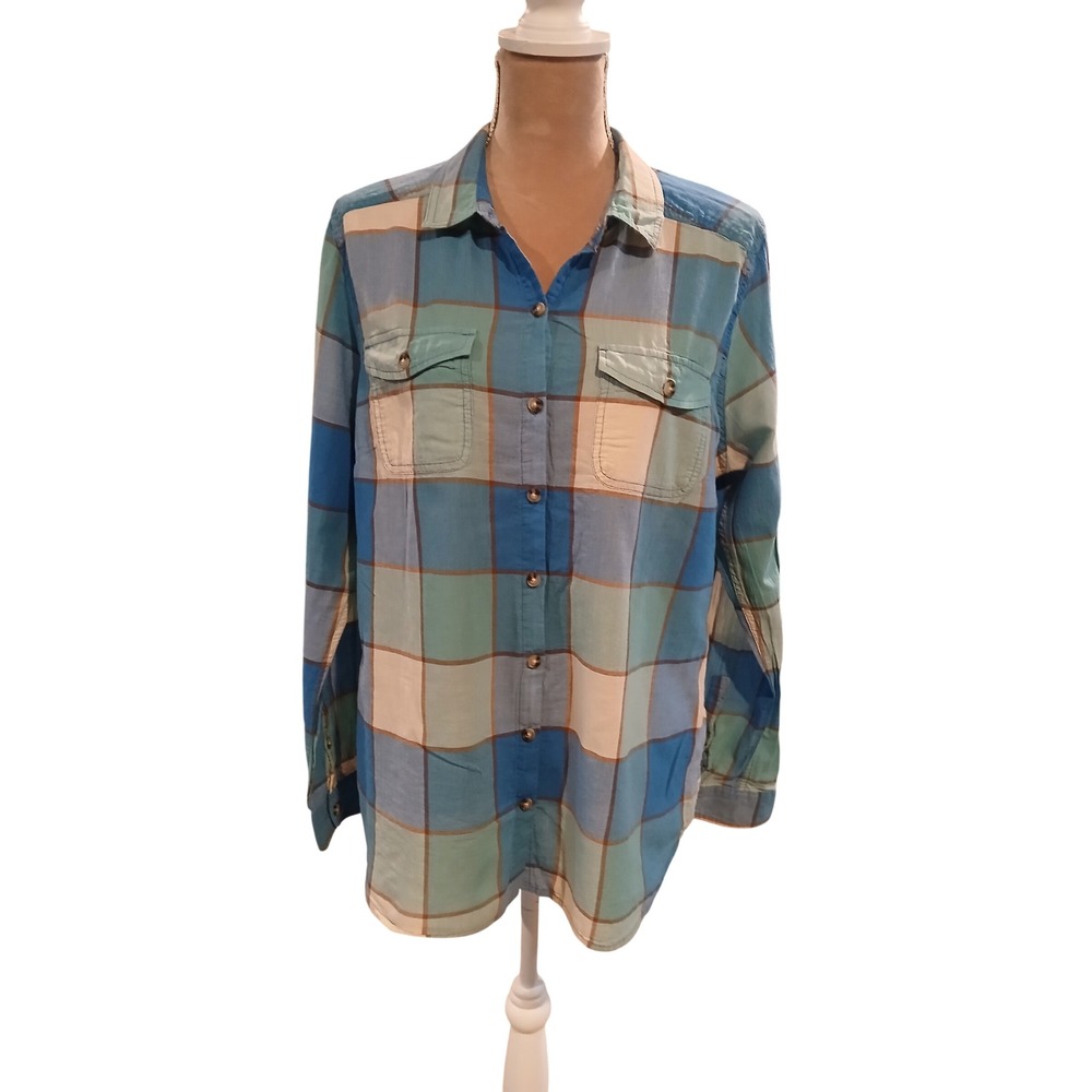 Toad&Co Womens XL Blue Teal Plaid Button Down Long Sleeve Shirt Flap Pockets